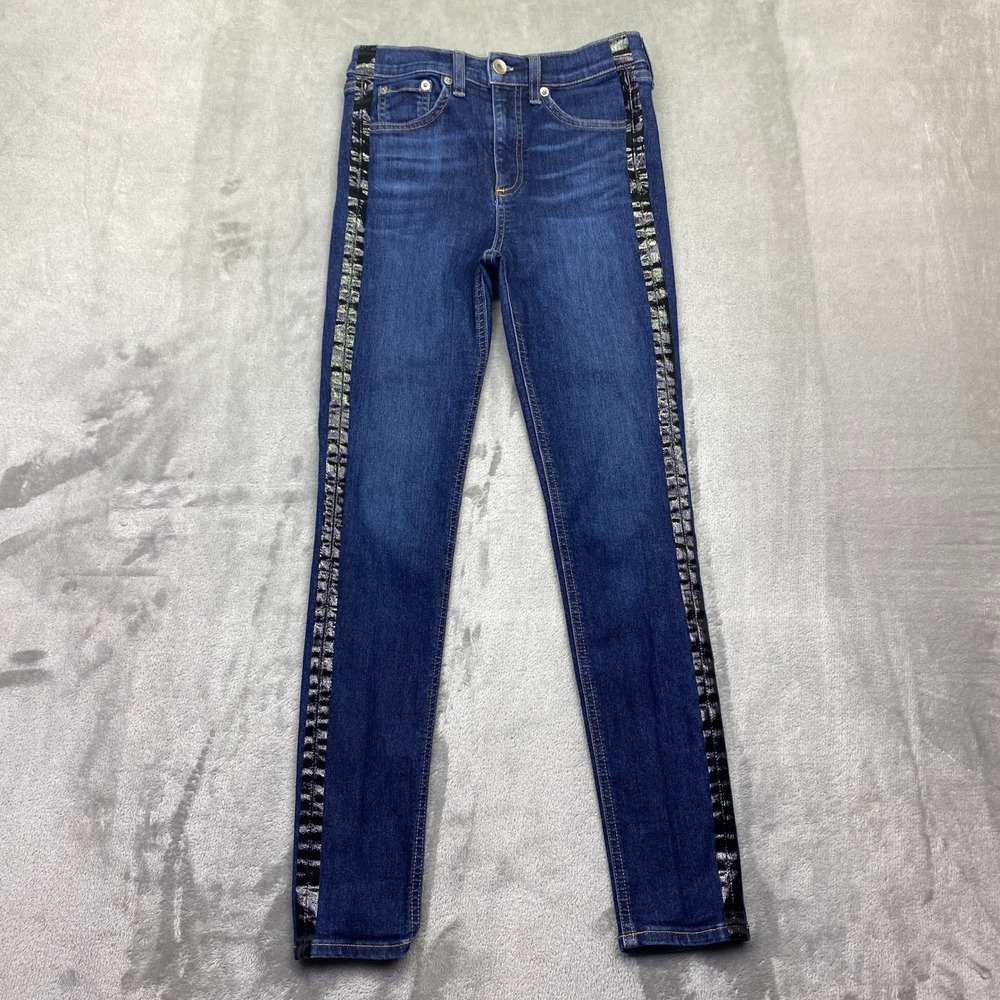 Rag & Bone High Rise Ankle Skinny Jeans Mad‎ River Tux 25 Metallic Tuxedo Stripe